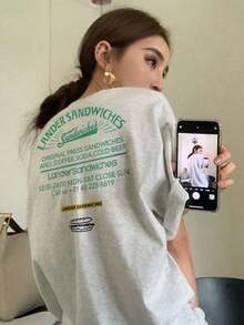 New White Short Sleeve Summer T-Shirt, English Print, Loose Fit, For Petite Women, Casual In-Style - 淺灰色 - 查看 3