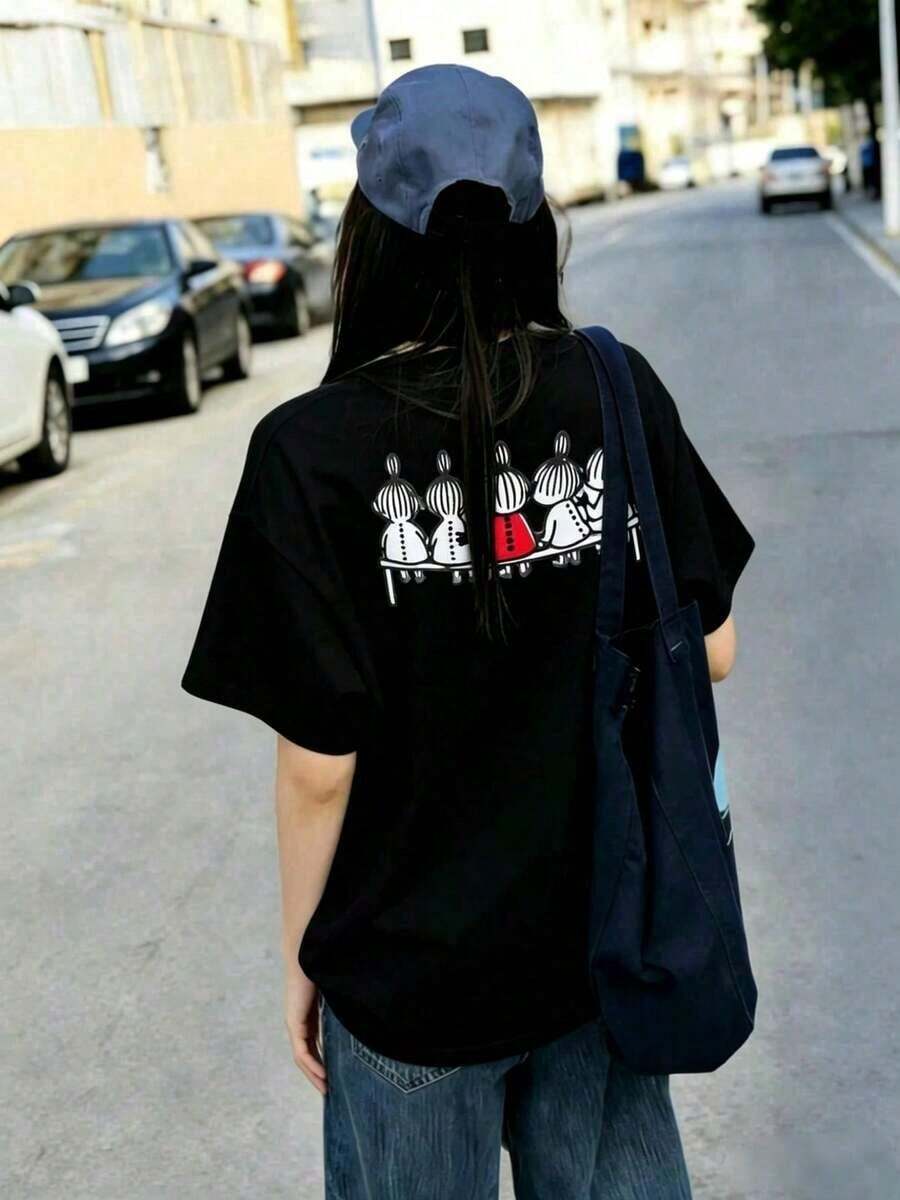 Women's Casual Cotton T-Shirt, Short Sleeve And Round Neck, With A Cute Print On The Back, Perfect For Everyday Wear, Regular Length, With Moderately Elastic Fabric, Cute And Casual Style. - 黑色 - 查看 1