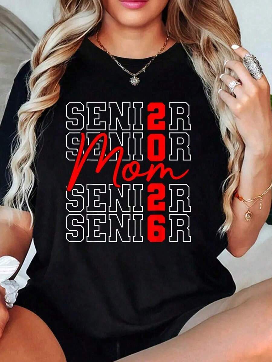 100% Cotton Retro T-Shirts For Women, For Graduation Mom 2026, Class Of 2026 - 黑色 - 查看 1