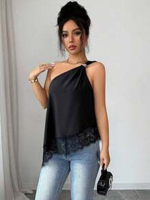 Blusa de mujer nueva para verano, con dobladillo asimétrico y adorno de encaje, blusa negra con hebilla metálica, blusa ajustada con hombros asimétricos y adorno de encaje lujoso, blusa sin mangas sexy, adecuada para fiestas, citas, cócteles, ocasi - Negro - Ver 5