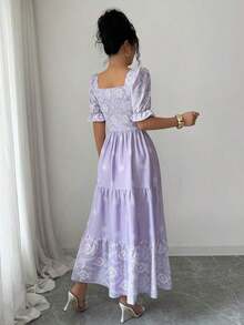 Vestido de línea A con cintura ceñida, cuello cuadrado y estampado, elegante para vacaciones, uso diario, de manga corta - Púrpura malva - Ver 2