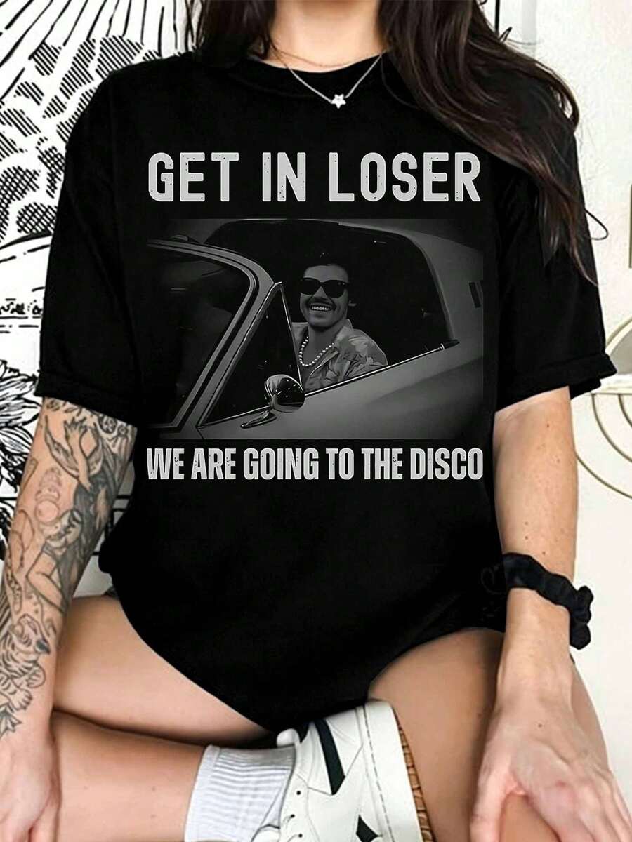 H-HarryS S-StylesS "Get In Loser We Are Going To The Disco" Funny Retro Fan Black Graphic T-Shirt - Black - View 1