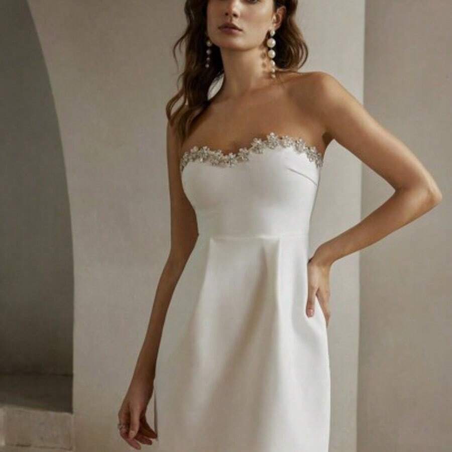 Rhinestone Decor Cropped Tube Dress, Christmas - Blanco - Ver 1