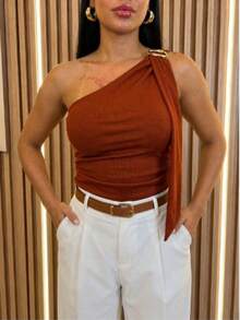 Women's Asymmetrical One-Shoulder Blouse With Padded Cups In Plain Ribbed Fabric - Casual, Basic, And Elegant - Màu Cam cháy - Xem 1