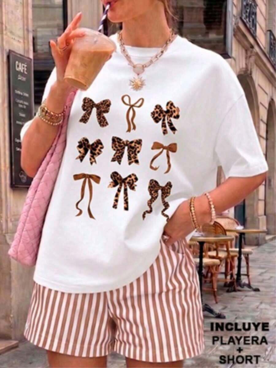 Two-Piece Set, T-Shirt And Shorts, Printed T-Shirt With Bow Design In Different Styles, Animal Print Style, Printed, Short Striped Shorts In Brown And White, For Women, Suitable For Beach Vacation, Summer Outfit, Holiday Wear, Travel Clothes, Beach Style, Vacation Wear, For The Warm Season - 白色 - 查看 1