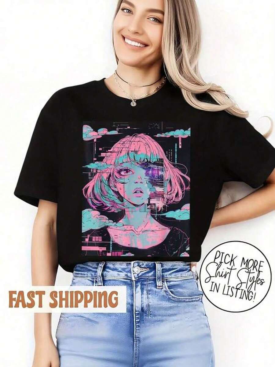Camiseta de Mujer Glitchcore Pastel Goth con Estampado Anime - Diseño Desgastado al estilo manga y arte glitch, suave ligera transpirable cuello redondo mangas cortas casual para moda Kawaii & convenciones anime, patrón geométrico e imagen digitalizada relajada. Lavable a máquina ideal primaveraverano, Blusas y Tops para Mujer, Tops para Mujer, Tops para Mujeres, Camisetas para Mujer, Blusas y Tops para Mujer, Noche de Halloween, Camisas para Mujer,