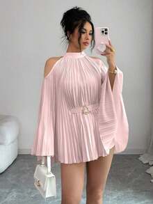 Elenzya Elegante camisa/blusa de mujer con mangas acampanadas y cintura ceñida para vacaciones - Rosa - Ver 4