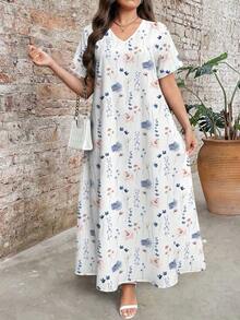 Plus Size Women's Retro Floral Print V-Neck Short Sleeve Maxi Dress, Elegant Summer Holiday Dresses - 彩色 - 查看 8