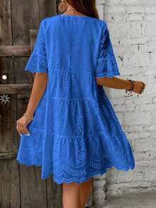 Vestido casual de vacaciones de unicolor con bordado calado para mujer - Amarillo claro - Ver 2