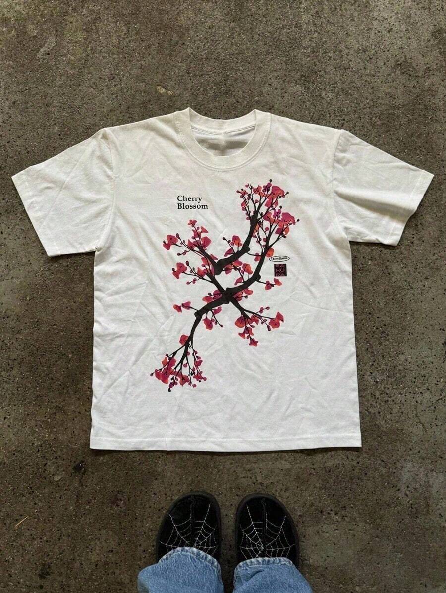 Camiseta casual versátil de mujer con cuello redondo y estampado de árbol de cerezos de manga corta - Blanco - Ver 1