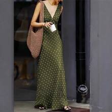 Vestido Largo Satén Lunares Elegante, Cuello V Sin Mangas, Cintura con Lazo Estilo Retro Nueva Llegada - Verde Oliva - Ver 6