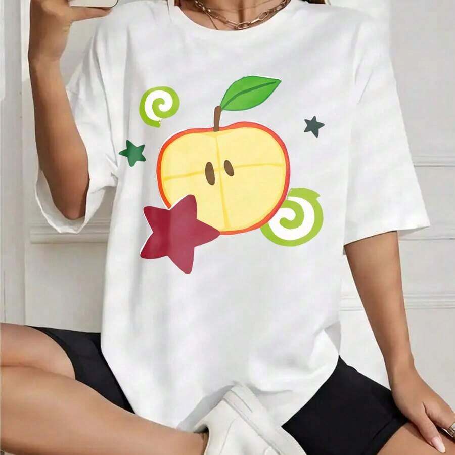Camiseta con estampado de manzanas, diseño de frutas blancas con estrellas y remolinos para uso casual. Adecuada como regalo. playera de mujer. blusas>elegantes. boho chic,Top de mujer suave, transpirable y cómodo, ideal para primavera, verano y otoño, perfecto para vacaciones, viajes y uso diario. - Blanco - Ver 1