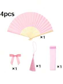 4pcs Value Set! Pink Bamboo Fan + Tassel + Bow + Storage Bag. Suitable For Wedding/Party/Daily Use. - Multicolor - View 8