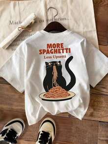 Camiseta Casual Blanca de Talla Grande con Cuello Redondo, Estampada con Gráfico de Gato "Más Pasta, Menos Estrés" para Verano - Blanco - Ver 3