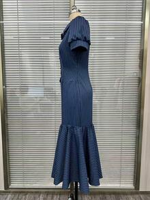 2026 elegante y casual vestido de cola de pescado a rayas de mujer de manga corta nuevo - Azul - Ver 5