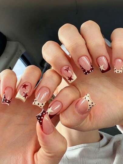 Bộ 24 móng giả vuông kiểu Pháp mùa xuân/hè màu đỏ trắng hình ngôi sao, thích hợp cho các cô gái cá tính, phụ nữ công sở, dự tiệc, hẹn hò và sử dụng hàng ngày.