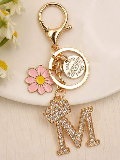 1pc Initial Letter Keychain With Pink Flower Charm, Crown Pendant, Minimalist Charm For Bag/Car, Elegant Gift