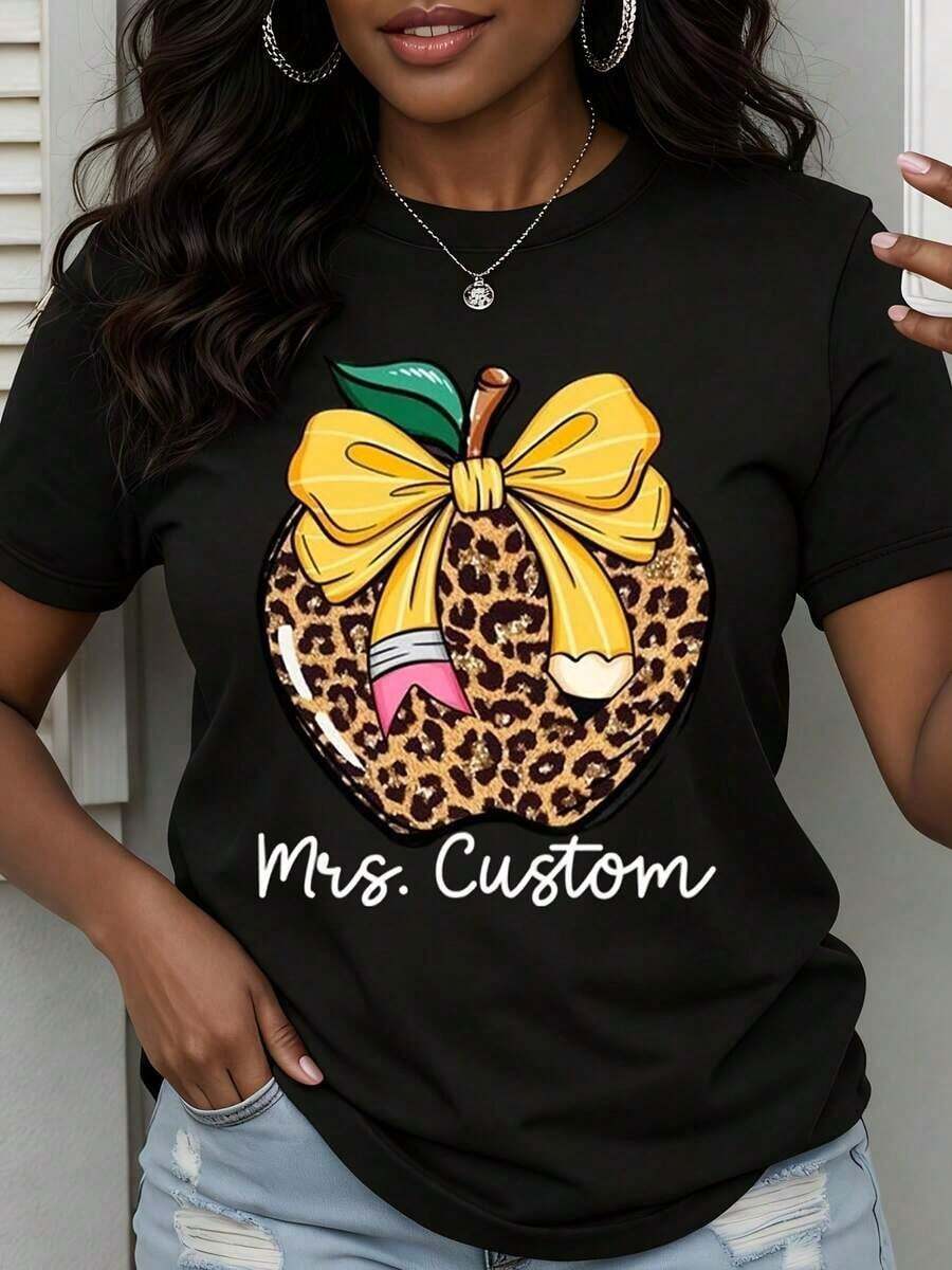 Cool Summer Casual T-Shirt With Leopard Print And Yellow Bow, Graphic T-Shirt For Women, Casual Summer Top, Fashion Design, Cute Fruit Print, White T-Shirt. - 黑色 - 查看 1