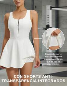 Vestido de Tenis Blanco para Mujer, con Cierre Frontal, Copas Incorporadas y Ropa Interior Anti-Rasgaduras, Secado Rápido para Deporte y Casual - Blanco - Ver 8