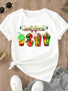 Women's T-Shirt, Juneteenth Celebration T-Shirt With Colorful Drinks Design And Rolled Cuff, Black Cotton T-Shirt For Women And Men, Independence Day Clothing, Summer Fashion Graphic Tee - 白色 - 查看 2