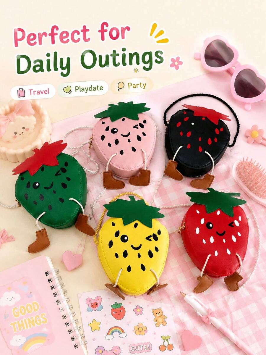 New Cute Red Strawberry Shaped Crossbody Bag, Made Of PU Material With Zipper Closure, Fashionable Fruit Design With Small Daisy Flower Decor, Spring/Summer