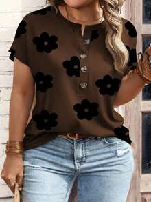 Camiseta de manga corta con cuello en V y estampado floral geométrico de color café oscuro, talla grande, para primavera/otoño - Multicolor 6 - Ver 7