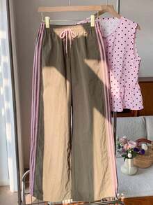 Pantalones de chándal casuales y holgados con cintura elástica y rayas laterales marrones para mujer - Multicolor - Ver 4