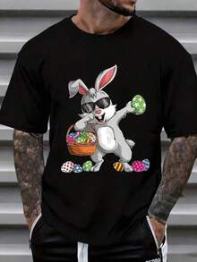 Children's Clothing? (Only Available For The Short-Sleeved T-Shirt Shown In The Image) Graphic T-Shirt With An Easter Bunny Design Wearing Sunglasses And Holding A Basket Of Colorful Eggs And Easter Eggs On The Ground, For Men, Women, Unisex, Casual Holiday Wear, Gift For The Spring Festival. T-Shirts Suitable For Adult Men And Women, Simple And Elegant Style. - 黑色 - 查看 1