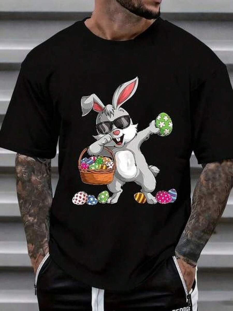 Children's Clothing? (Only Available For The Short-Sleeved T-Shirt Shown In The Image) Graphic T-Shirt With An Easter Bunny Design Wearing Sunglasses And Holding A Basket Of Colorful Eggs And Easter Eggs On The Ground, For Men, Women, Unisex, Casual Holiday Wear, Gift For The Spring Festival. T-Shirts Suitable For Adult Men And Women, Simple And Elegant Style. - 黑色 - 查看 1