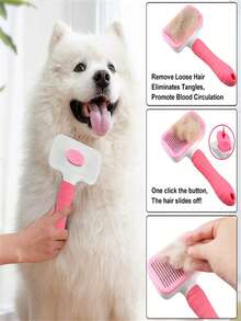 1pc Pet Grooming Brush, Deshedding Tool For Dogs And Cats, One-Click Loose Undercoat Removal, Pet Grooming Tool - Pink - View 9