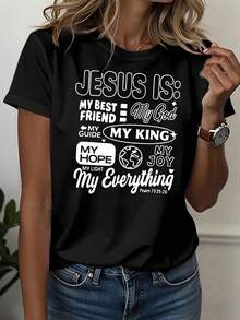 Women's Casual Sports T-Shirt, Crew Neck T-Shirt, "JESUS IS MY BEST FRIEND 3 MY GOD MY KING", Religious Statement, Church Gathering, Worship Clothing, Thanksgiving Theme, Multiple Titles, Devotional, Christian, Comfortable All-Season Top - 黑色 - 查看 1