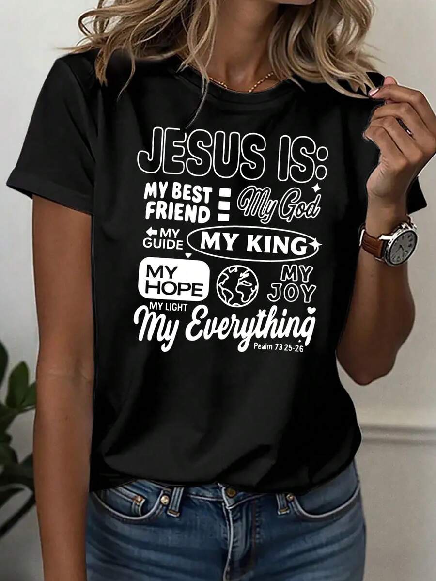 Women's Casual Sports T-Shirt, Crew Neck T-Shirt, "JESUS IS MY BEST FRIEND 3 MY GOD MY KING", Religious Statement, Church Gathering, Worship Clothing, Thanksgiving Theme, Multiple Titles, Devotional, Christian, Comfortable All-Season Top - 黑色 - 查看 1