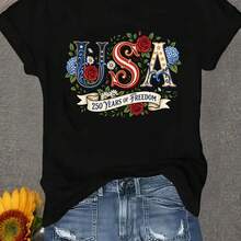 This Stylish Women's Letter Print Crew Neck T-Shirt Features A Minimalist Design, Is Comfortable And Breathable, Perfect For Everyday Casual Wear, Showcasing A Natural And Elegant Style, A Must-Have For Summer Parties, With Local Shipping. - 黑色 - 查看 1