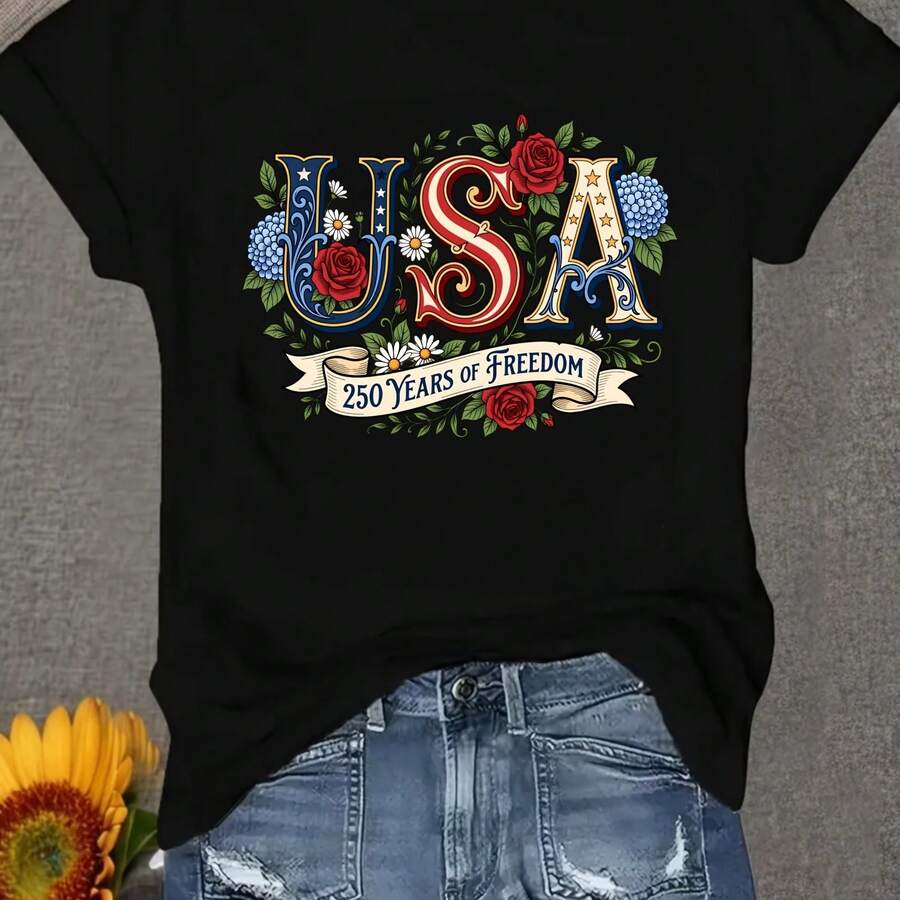 This Stylish Women's Letter Print Crew Neck T-Shirt Features A Minimalist Design, Is Comfortable And Breathable, Perfect For Everyday Casual Wear, Showcasing A Natural And Elegant Style, A Must-Have For Summer Parties, With Local Shipping. - 黑色 - 查看 1