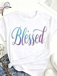 Camiseta de Cuello Redondo para Mujer, Talla Grande - Blusa Casual Negra de Manga Corta, Lavable a Máquina para Primavera, Verano y Otoño, Cómoda para Uso Diario |   Diseño de Texto Interesante |   Tela suave y cómoda - Blanco - Ver 7