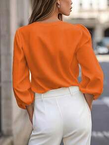 Blusa de manga larga con cuello en V de unicolor para mujer, elegante y esencial para el trayecto de primavera - Naranja - Ver 3