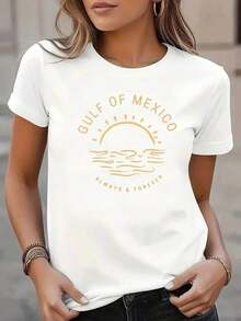 Women's Casual Short-Sleeve Sports T-Shirt - White With Gold Geometric Print, Crew Neck, Machine Washable, Regular Fit For Versatile Use In All Seasons, Urban Style Clothing, Mexican Wave Design, Comfortable Fabric | Relaxed Fit | Plus Size Blouses For Women - 白色 - 查看 1