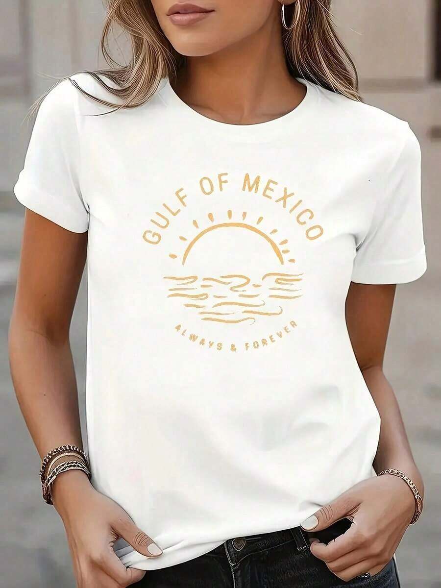 Women's Casual Short-Sleeve Sports T-Shirt - White With Gold Geometric Print, Crew Neck, Machine Washable, Regular Fit For Versatile Use In All Seasons, Urban Style Clothing, Mexican Wave Design, Comfortable Fabric | Relaxed Fit | Plus Size Blouses For Women - 白色 - 查看 1