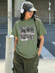 Women's Short-Sleeved, Loose-Fitting T-Shirt With A Round Neck And Slogan Print, New For Summer. A Fashionable Garment For Everyday Wear, Suitable For Casual Occasions And Holidays. - 橄欖綠 - 查看 9