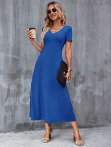 Vestido unicolor con bolsillo oculto escote V - azul real - Ver 4