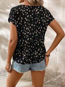 Camisa de mujer con estampado total, versátil para uso casual diario de manga corta - Negro - Ver 2