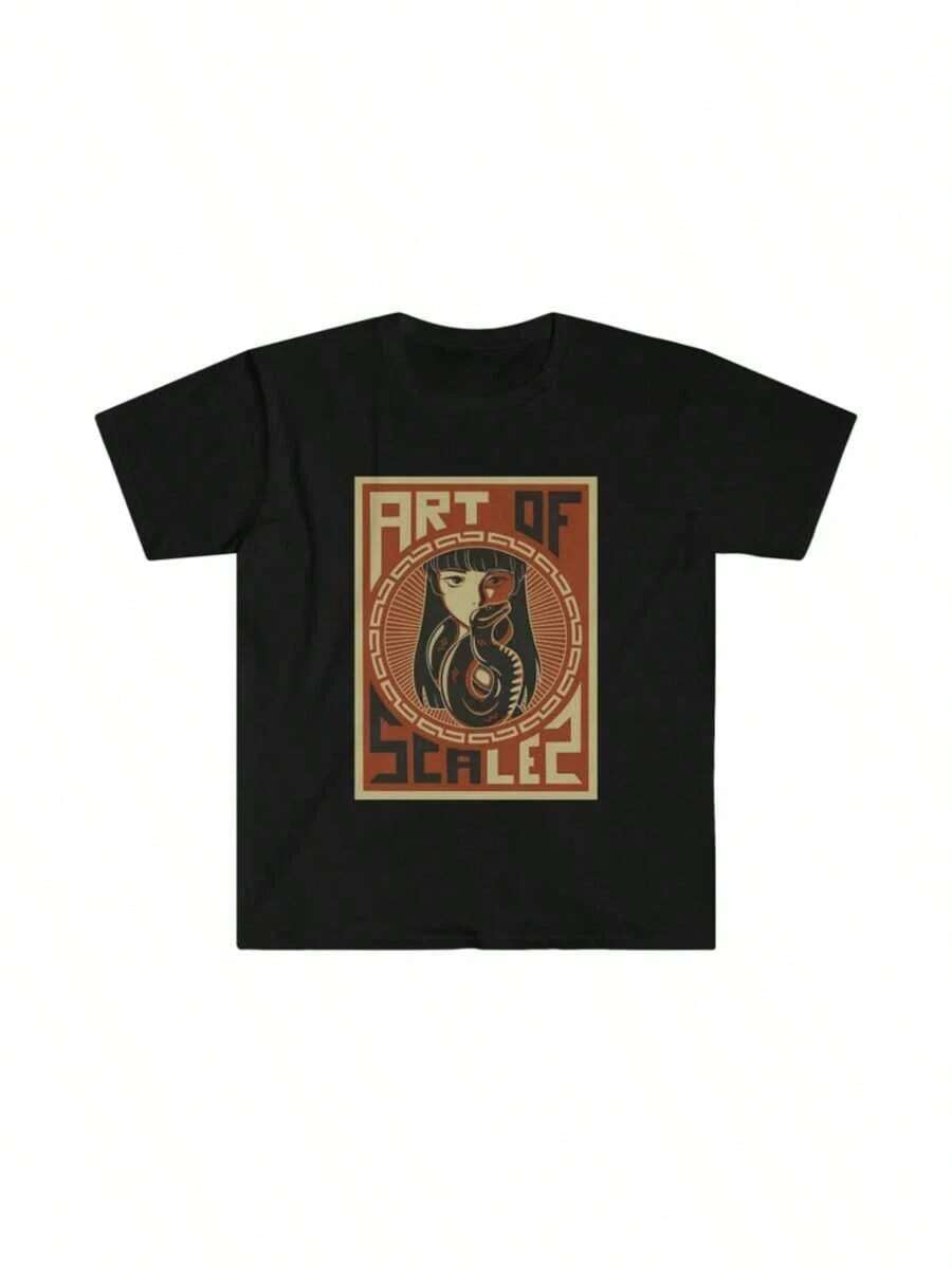 100% Cotton T-Shirt With Vintage Dragon Graphic, 1 Piece, Retro Style, Digital Print, 220g, Mythical Creature Art, Casual, Short Sleeve, Crew Neck, Black - 黑色 - 查看 1