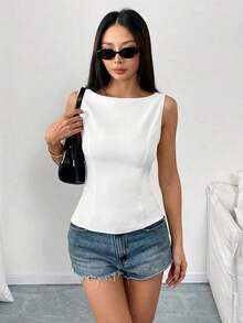 Camisa tipo camisola ajustada sin mangas con espalda abierta y lazo, unicolor.Elegante, informal, sexy y minimalista para oficina y negocio.Primavera/Verano - Blanco - Ver 7