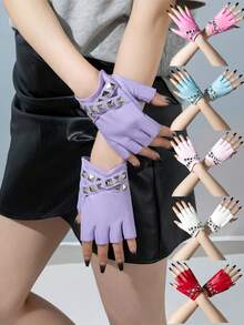 1 Pair New Rivet Design Spring/Autumn Sheepskin Half-Finger Leather Gloves Outdoor Cycling Leather Gloves Solid Color - Multicolor - View 1