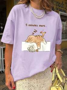 1 pieza Camiseta de mujer de manga corta y cuello redondo para verano, con estampado de letras en inglés "Cat Napping", adecuada para verano, playa, calle, diario, trabajo, fiesta de oficina, salida, carnaval, festival de música, San Valentín, fiesta.Hermosa blusa de estilo Y2K para mujer, atuendo de vacaciones para mujer.Ropa de oficina elegante, blusa linda, atuendo de vacaciones para mujer, vestido para cita nocturna, blusa elegante para mujer, ropa casual de verano, atuendo de vacaciones para mujer. - Morado - Ver 3