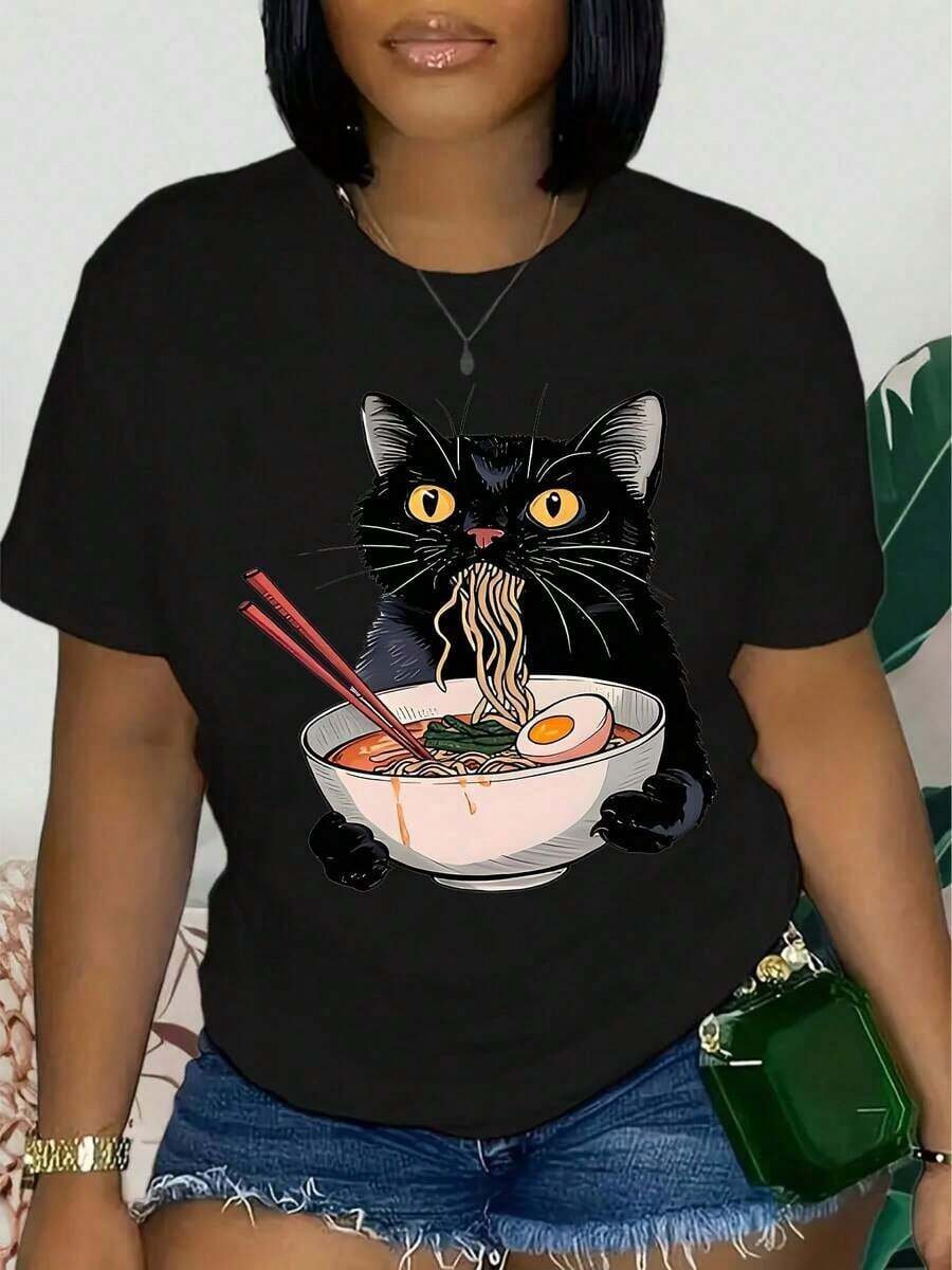 Camisetas de manga corta con cuello redondo para mujer, ropa casual de primavera y verano, camisetas con estampado gráfico. - Negro - Ver 1