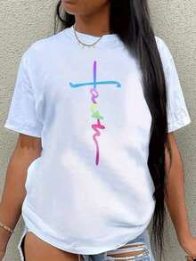 1 Piece Of Women's Round Neck T-Shirt, Comfortable And Stylish For Everyday Wear, With Colorful Design, 180g, 100% Cotton. - White - View 7