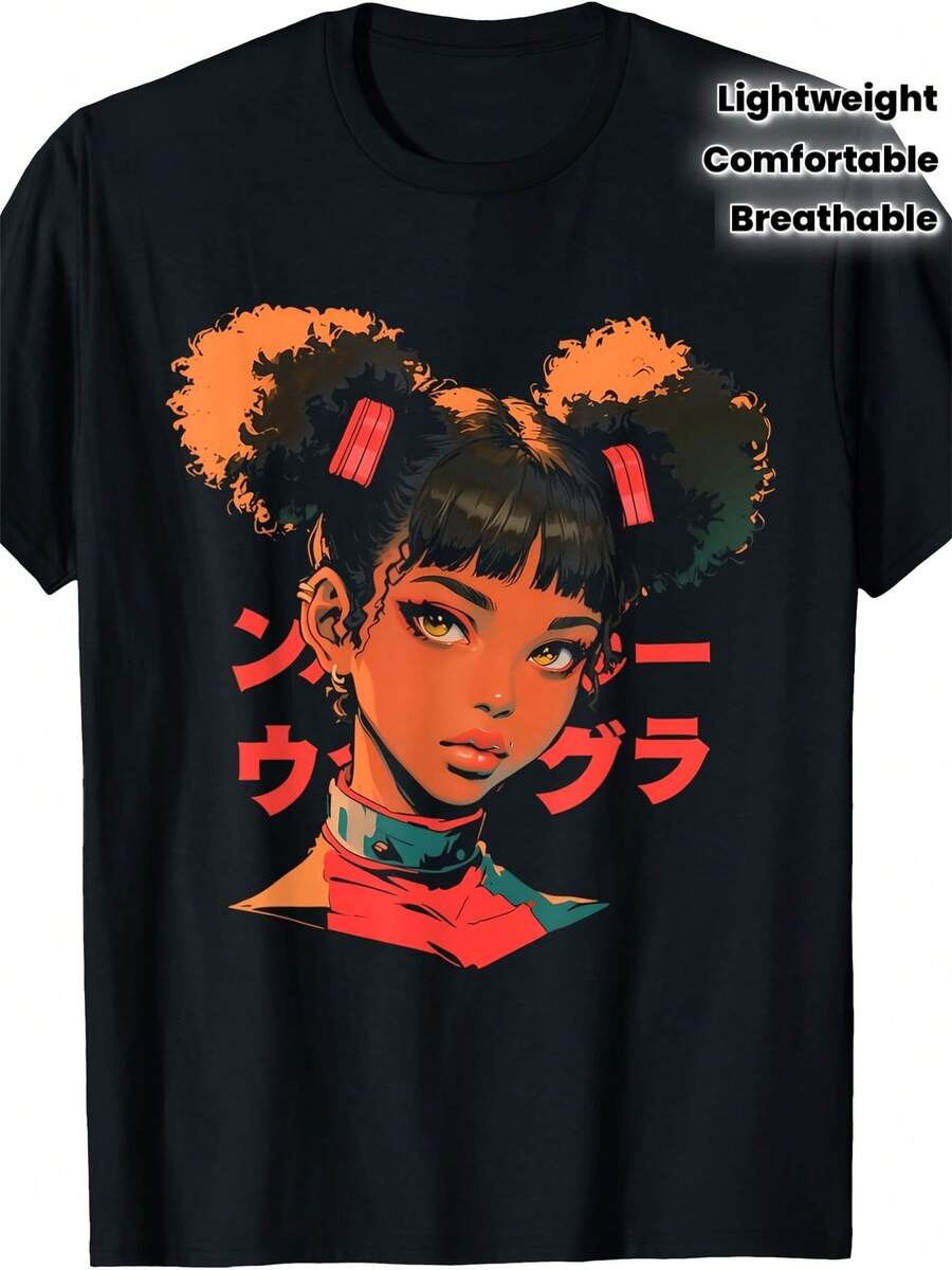 A Modern, Retro-Chic Women's Short-Sleeved T-Shirt, Perfect For Spring And Summer Outdoor Activities. Featuring Graphics Inspired By The Anime Cyberpunk And The Theme Of "Electronic Peacekeeping," This Garment Embodies Harajuku Urban Aesthetics In Black, Enhanced By A Vibrant Japanese Art Design In Orange And Green Tones. Pre-Shrunk To Ensure Lasting Quality, It Offers A Comfortable, Lightweight, And Breathable Fit, Suitable For Any Season. This Unisex Short-Sleeved, Crew-Neck Top Is An Absolute Must-Have For Any Anime Fan. - 黑色 - 查看 1