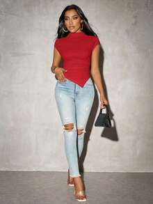 Camiseta de punto con bajo asimétrico de unicolor para mujer, primavera - Rojo - Ver 4