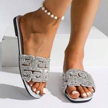 1Pair Women's Plus Size Rhinestone Decor Flat Slide Sandals, Open Toe Summer Shoes For Vacation, Beach And Travel,Order One Size Up For Wide Feet - Silver - View 3
